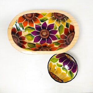 Beautiful Large Artist Signed Wood Sunflowers Matching Ceramic Dip Bowl‎ Mexico